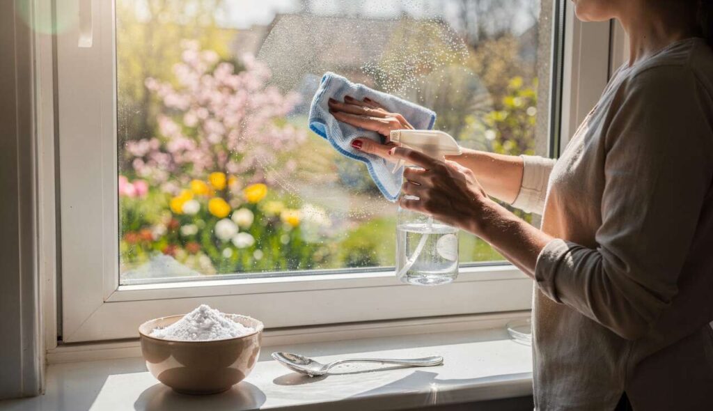 Fenster putzen im Frühjahr: Ein Löffel Stärke im Wasser macht den Unterschied