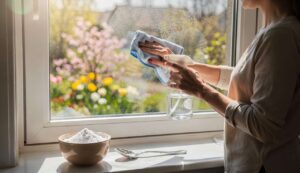 Fenster putzen im Frühjahr: Ein Löffel Stärke im Wasser macht den Unterschied